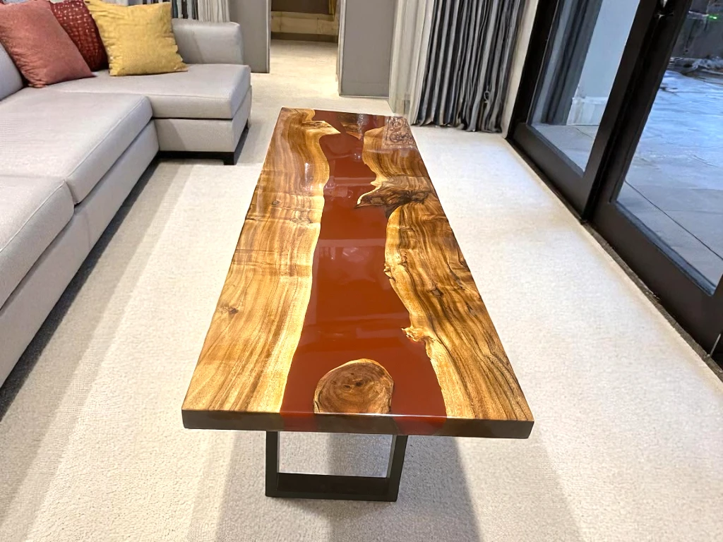 Red Epoxy Wood Table for Dining & Kitchen Interior 